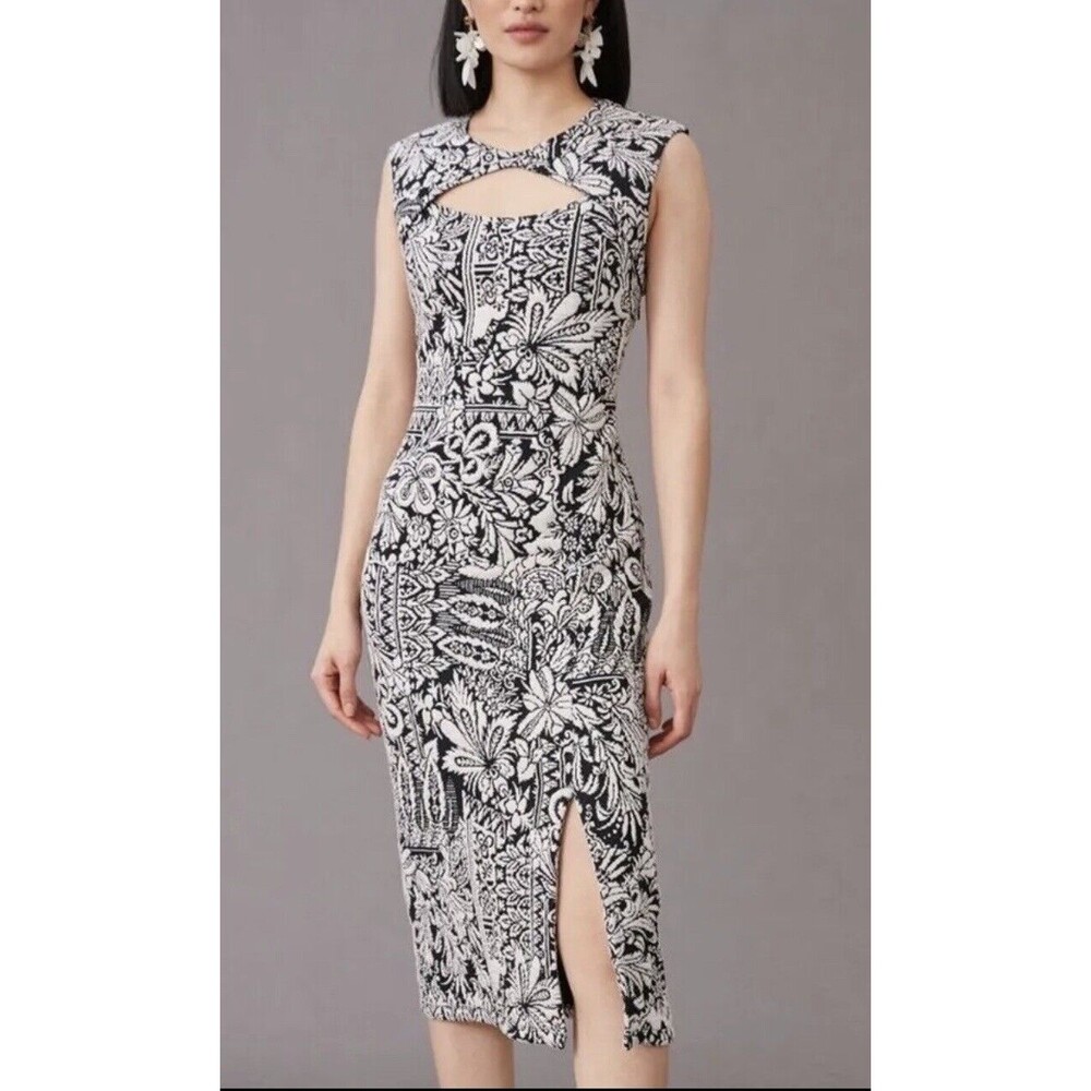 Anthropologie Women Black and White Jacquard Cut-Out Classic Midi Dress Size M